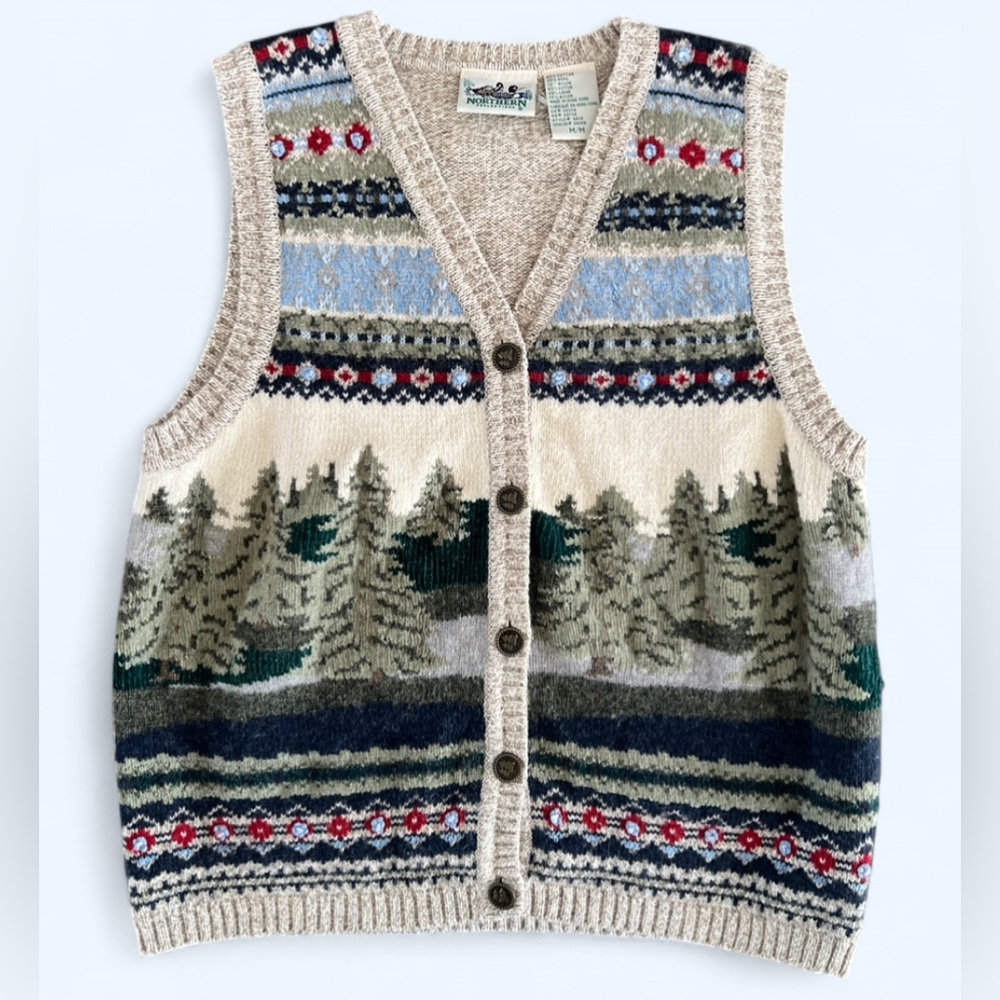 90s Northern Reflections Green Tan Tree Nature Graphic Cottagecore Sweater Vest - Picture 3 of 8